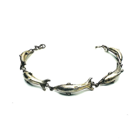 Vintage 70s Shube's Sterling Silver Dolphin Link Bracelet—Signed Statement Piece - Picture 6 of 13